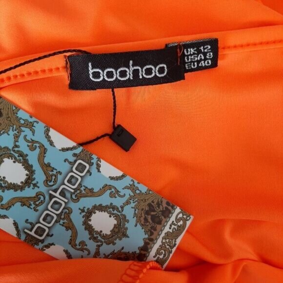 BOOHOO Cut-out Ruched Long Sleeve Mini Dress Orange Sz 8 Flawed - Picture 12 of 14